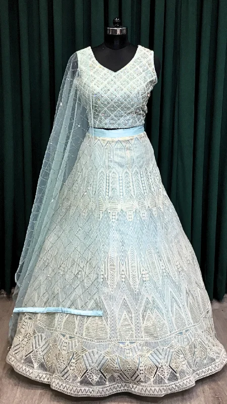 Sky Blue Net Lehenga With Lakhnavi and Sequins Work