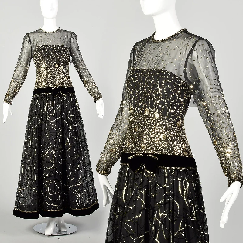 Small 1980s Dress Black Gold Sequin Formal Modest Long Sleeve Evening Gown