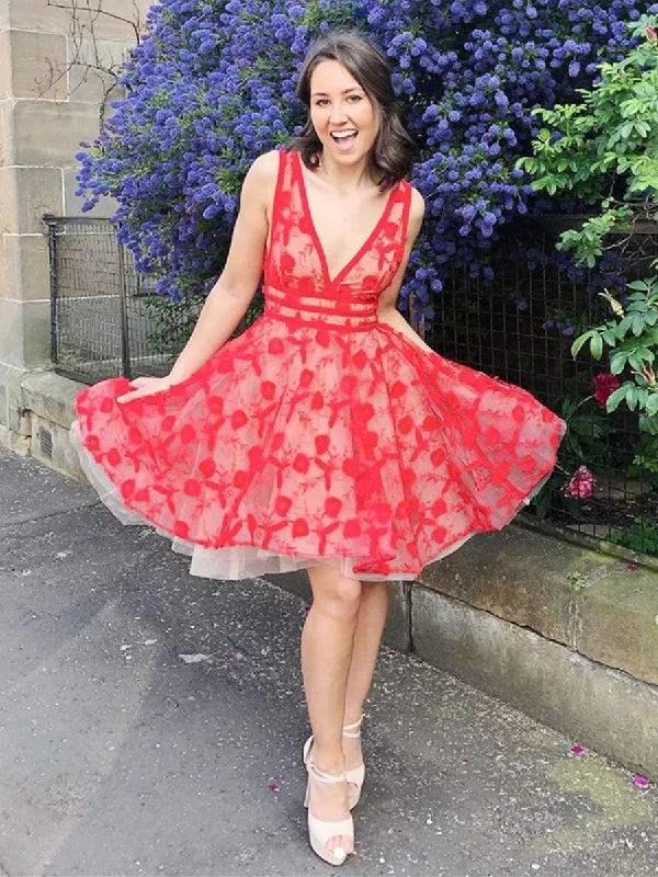 Unique V Neck and V Back Red Lace Flowers Short Prom Dresses Homecoming Dresses, Red Lace Formal Dresses, Red Evening Dresses, Lace Graduation Dresses