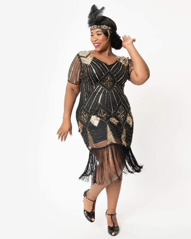 Unique Vintage 1920s Gold Sequin & Black Fringe Katriane Flapper Dress | Black, Metallic