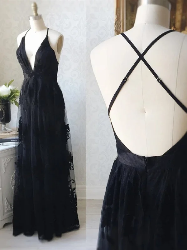 V Neck Backless Black Lace Long Prom Dresses, Backless Black Formal Dresses, Black Lace Evening Dresses