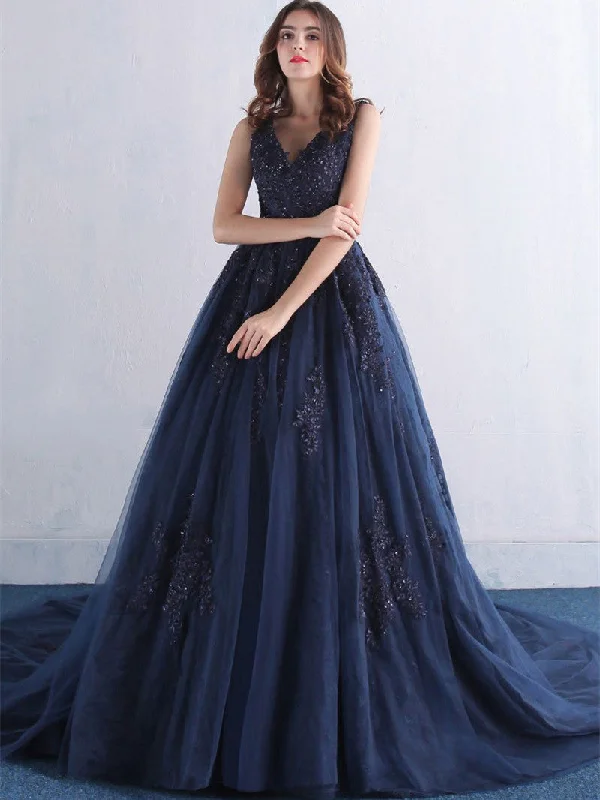 V Neck Dark Blue Lace Prom Dress, Blue Prom Dress, Blue Evening Dress