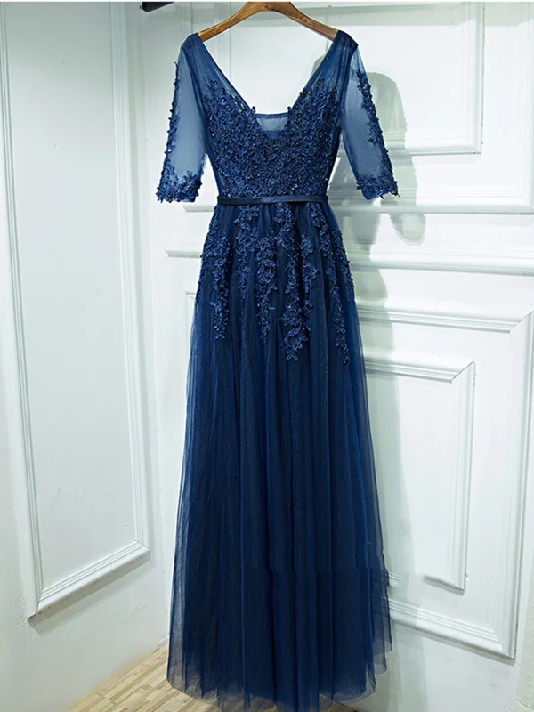 V Neck Half Sleeves Navy Blue Lace Prom Dress, Navy Blue Formal Dress, Lace Prom Dress