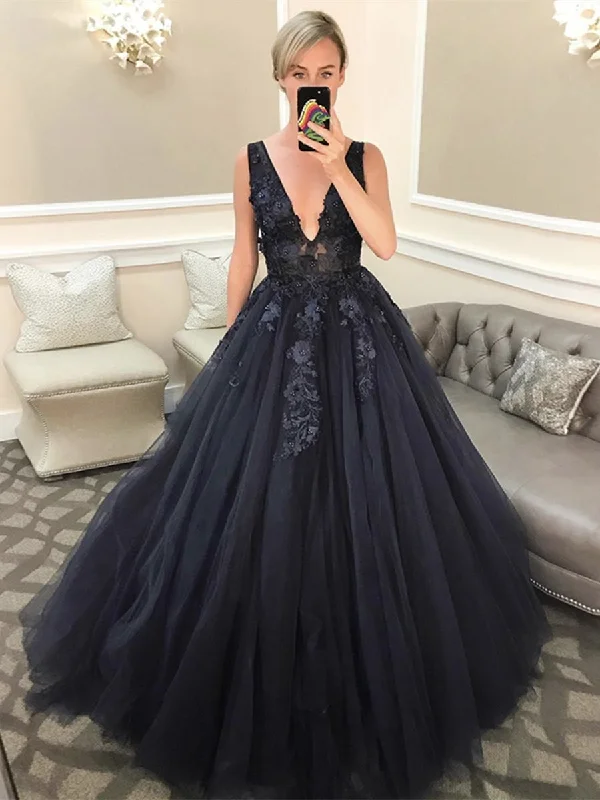 V Neck Open Back Beaded Appliques Black Lace Long Prom Dresses, V Neck Black Formal Evening Dresses, Black Ball Gown